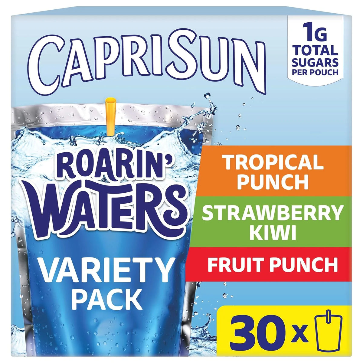 Capri Sun Roarin' Waters Flavored with Other Natural Flavor Water Beverage, 30 Pouches, for School Lunches and On-the-Go Hydration, Fruit Punch, Strawberry Kiwi and Tropical Punch, 6 fl oz