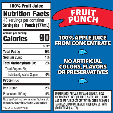 Capri Sun 100% Juice Fruit Punch Naturally Flavored Juice Blend, 40 ct Pack, 4 Boxes of 10 Pouches
