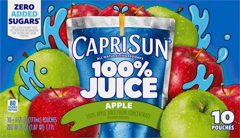 Capri Sun 100% Juice from Concentrate Juice Boxes, 10 Pouches, for School Lunches and On-the-Go Hydration, Apple with Added Ingredients, All Natural Ingredients, 6 oz