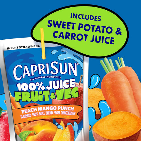 Capri Sun 100% Juice Fruit & Veg Juice Blend from Concentrate, 10 Pouches, for School Lunches and On-the-Go Hydration, Peach Mango Punch, All Natural Ingredients, Zero Added Sugars, 6 oz