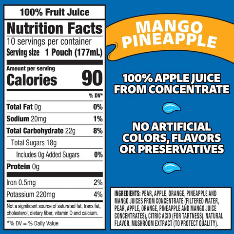 Capri Sun Mango Pineapple Flavored 100% Juice Blend from Concentrate with Added Ingredients and Other Natural Flavor, 10 ct Box, 6 fl oz Pouches