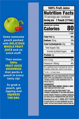 Capri Sun 100% Juice from Concentrate Juice Boxes, 10 Pouches, for School Lunches and On-the-Go Hydration, Apple with Added Ingredients, All Natural Ingredients, 6 oz